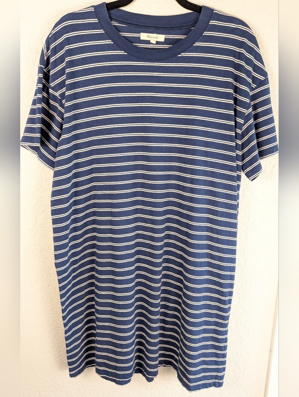 Madewell 100% Cotton T-Shirt Shift Dress XL Blue White Stripes Short Sleeve Crew
